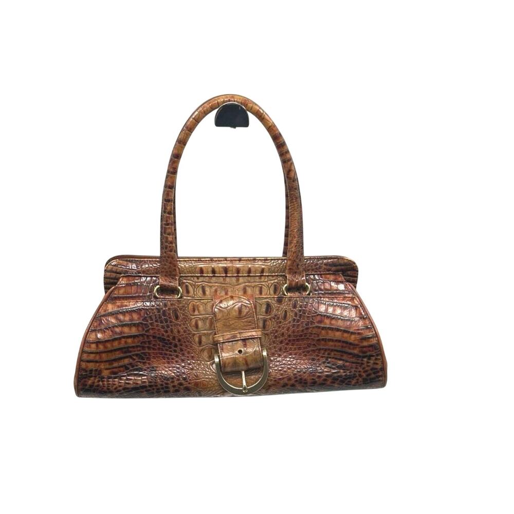 Brahmin Toasted Almond Croc Embossed Leather East West Frame Satchel Authentic